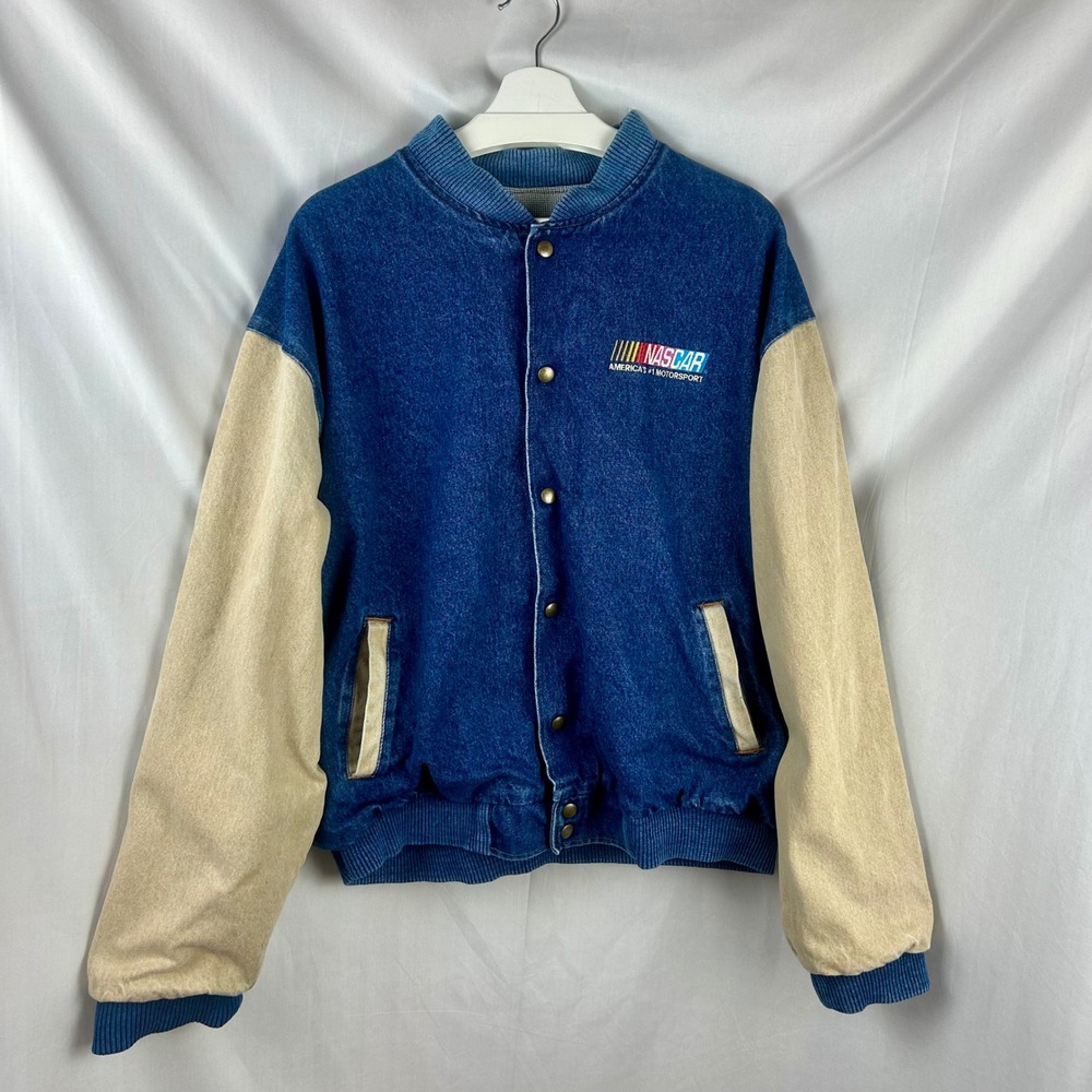 Vintage 90s NASCAR Three Rivers Denim Varsity Jacket Men Large Blue Tan USA Made - Picture 2 of 13